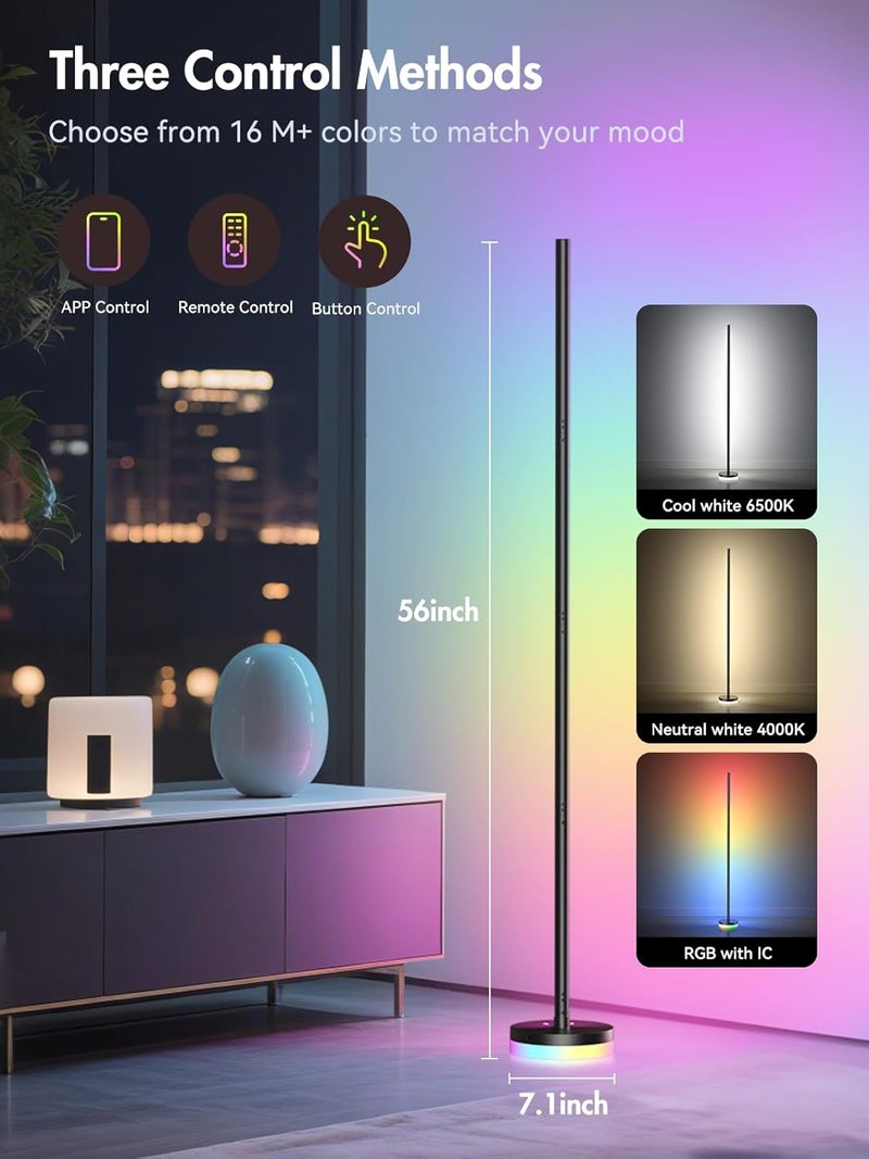 OIYN Store مصباح زاوية أرضي 2 حزمة، مصباح زاوية LED RGBICW مع 1300 لومن، مصباح أرضي حديث ذكي، تحكم عبر التطبيق والريموت، مزامنة موسيقية، مصباح قائم متغير الألوان لغرف النوم وغرف المعيشة وغرف الألعاب. - Image 2